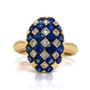 1.89 Carat Blue Sapphire & Diamond Oblong Dome-Shaped Checkerboard Ring in 18k Yellow Gold $3,750 Retail VIDEO