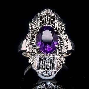 Oval Amethyst Filigree Antique  Vintage Style Ring in 14k White Gold - Excellent Condition $1,750 Retail VIDEO
