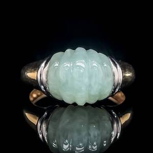 Carved Scalloped Seashell Cabochon Mint Green Jade Ring in 14k Two-Tone Yellow & White Gold $1,875 Retail