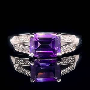 Amethyst Emerald Cut Solitaire & Diamond Pave Open Split Shank Ring in 14k White Gold $1,899 Retail VIDEO