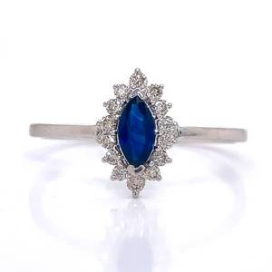 NEW 0.33ct Natural Blue Sapphire Marquise Solitaire & Diamond Halo Cluster Ring in 14k White Gold $1,850 Retail VIDEO