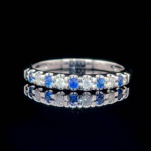 Alternating Diamond & Natural Blue Sapphire Modern Slim Stacking Ring in White Gold $1,650 Retail VIDEO