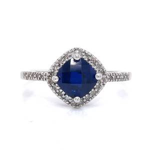 Blue Sapphire & Diamond Square Halo Cluster Estate Ring in White Gold $1,699 Retail