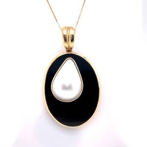 Super Modern Mabe Pearl & Onyx Double Drop Pendant in 14k Yellow Gold
