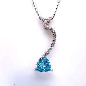 Trillion Cut Blue Topaz Solitaire & Diamond Ribbon Shaped Journey Pendant in 14k White Gold