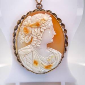Vintage Carved Portrait Cameo PendantBrooch w 14k Yellow Gold Bezel, Estate Treasure