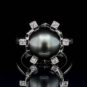 Large 11mm Lustrous Black Pearl Diamond Geometric Crown Ring in 14k White Gold $4,800 Retail