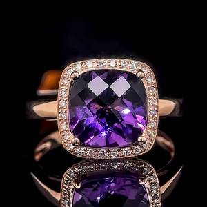 3 Carat Diamond and Amethyst Cushion Halo Ring in 14k Yellow Gold, Stamped Effy Designer w Original Tag Attached