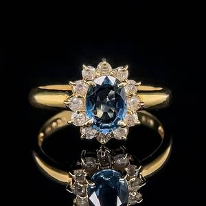 1.19 Carat Oval Cut Natural Blue Sapphire & Diamond Halo Cluster Ring in 18k Yellow Gold $2,300 Retail