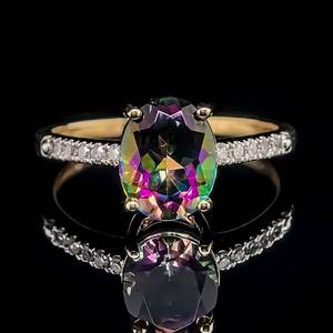 NEW Oval Cut Mystic Topaz Solitaire Diamond Pave Ring in 14k Yellow Gold $1,899 Retail