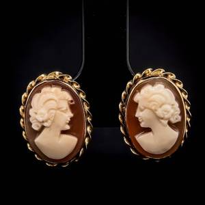 Antique Classic Portrait Cameo Earrings, Carved in 14k Yellow Gold