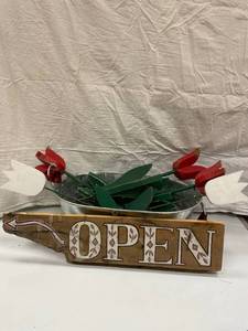 WOODEN FLOWERS, OPEN SIGN AND METAL...