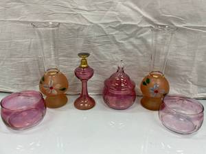 VINTAGE BUD VASES, PERFUME BOTTLE A...