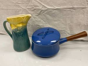VINTAGE POTTERY PITCHER AND CAST IR...
