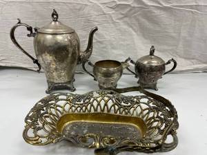 SILVERPLATED TEA POT, CREAM, SUGAR ...