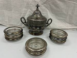 SILVERPLATED COASTERS AND RICE DISH...