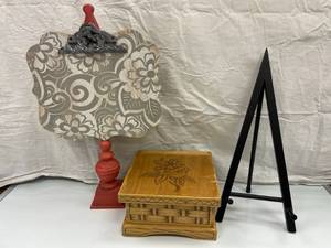 WOODEN BOX, PICTURE FRAME ESEL, ETC...