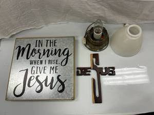 METAL SIGN W WOODEN CROSS AND LAMP...