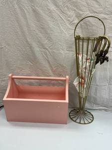 PINK BOX, METAL UMBRELLA STAND AND ...