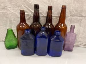 LOT OF VINTAGE COLORED GLASS BOTTLE...
