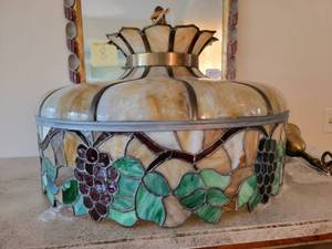 Antique Slag Glass 12 panel Shade Chandelier Fruit Design Bradley Hubbard, Miller Era. 27 wide.