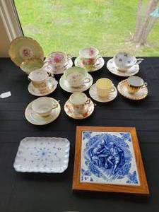10 Tea Cups and Saucers. Delft Plaque. Royal Copenhagen Dish. Good condition.