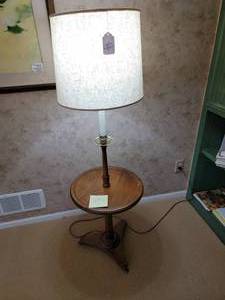 Wood floor lamp with built in shelf.