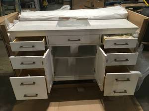 lot 1 image: Rockleigh 60 in. W x 22 in. D Bath Vanity in White with Marble Vanity Top in Carrara White with White Basin Customer Returns See Pictures