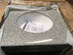 lot 30 image: Home Decorators Collection Hamilton Shutter 31 in. W x 22 in. D Bath Vanity in Sea Glass with Granite Vanity Top in Grey with White Sink Customer Returns See Pictures