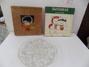 3 - Glass Platters, Santa Bear, Bell & Wreath, Crystal