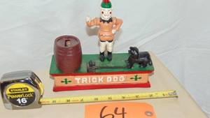 lot 64 image: Vintage Bank Cast Iron Trick Dog Clown Mechanical Coin Bank