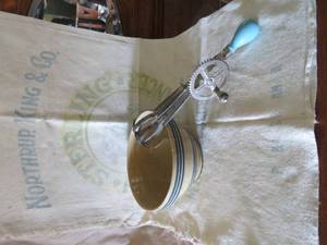 lot 21 image: Flour Sack, Mixer and Blue Striped Bowl