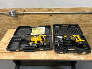 lot 95 image: DEWALT DC490 18V Cordless Swilvel-Head Shears, DW938 Variable Speed Sawzall with Charger and 4 Batteries