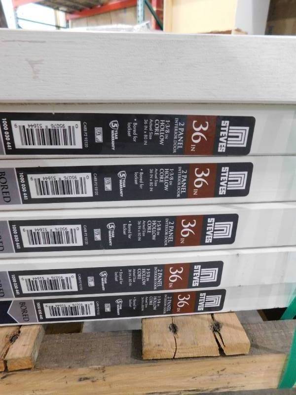 lot 32 image: (6) Steves & Sons  36 in. x 80 in. 2-Panel Smooth Hollow Core Primed White Composite Pre-Bored Interior Door Slab