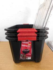 lot 40 image: (3) Husky 20-Gal. Professional Duty Waterproof Storage Container with Hinged Lid in Black