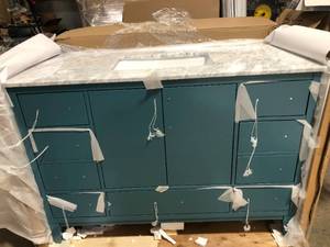 lot 2 image: Sutton 48 in. Bath Vanity in Royal Green with Carrara Marble Vanity Top in White with White Basin by Altair  Customer Returns See Pictures