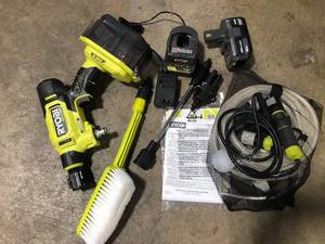 lot 47 image: RYOBI  ONE HP 18-Volt Brushless EZClean 600 PSI 0.7 GPM Cordless Electric Power Cleaner w 4.0Ah Battery, Charger, Accessories  Customer Returns See Pictures