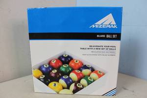 lot 6 image: NEW - Mizerak Regulation Size and Weight15 Pool Ball and Cue Ball Set