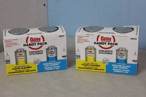 lot 79 image: NEW - 2 Packs of Oatey 8 oz. Clear PVC, CPVC, ABS All-Purpose Pipe Cleaner and Medium Black ABS Cement Combo Pack MSRP $26.80 038753302331