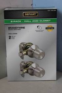lot 150 image: NEW - Defiant Brandywine Stainless Steel HallCloset Door Knob (2-Pack) 050134004870 MSRP $18.00