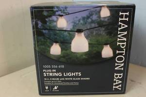 lot 19 image: NEW - Hampton Bay OutdoorIndoor 10.6 ft. Plug-In Type G Bulb String Light with 8 White Glass Shades 736916704625 MSRP $34.97