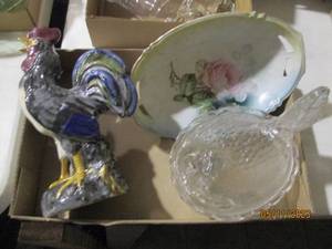 lot 444 image: Glass nesting hen dish, ceramic roo...