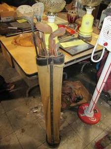 lot 339 image: Antique Canvas golf bag with wood h...