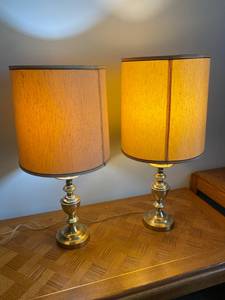 Pair of 2 Brass-Toned Table Lamps with Tan Shades