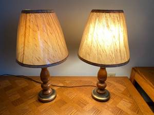 2 Wood Lamp Bases with Tan Shades
