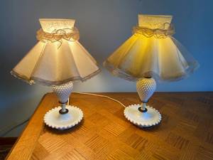 Pair of Vintage Milk Glass Hobnail Lamps