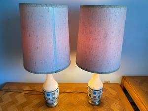 2 Pottery Style Lamps with Cream Patterned Shades