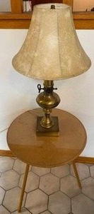 Wood Side Table with Glass Top, Vintage Lamp