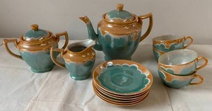 Hand-Painted Blue and Tan Japanese Tea Set