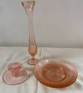 Pink Glass Bud Vase, Candlestick Holder, Plates
